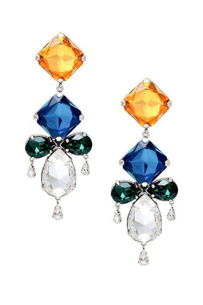 Saint Laurent Crystal Gripoix Emerald Green, Citron Yellow, Saphire Blue Chandelier Earrings Runway Spring 2022