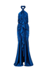 Alexandre Vauthier Royal Blue Satin Mermaid Gown with Ruche and Ruffle Details