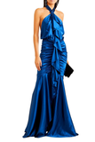 Alexandre Vauthier Royal Blue Satin Mermaid Gown with Ruche and Ruffle Details
