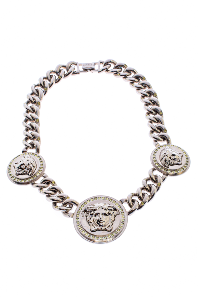 Versace Silver Triple Medusa Coin Chain Peridot Crystal Necklace Fall 2104 Campaign