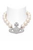 Vivienne Westwood Silver Crystal "Neysa" Orb Logo Oversized Pearl Necklace Choker