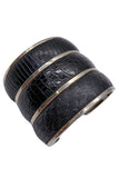 Saint Laurent YSL Black Triple Leather Lizard Snake Crocodile Wide Cuff Bracelet