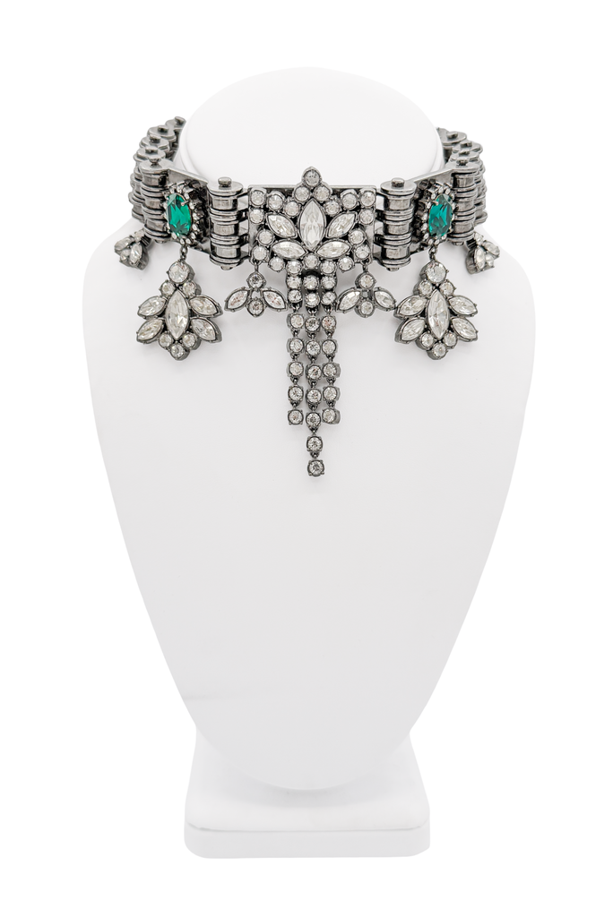 Mawi Blackened Silver Crystal Rhinestone Green Gemstone Geometric Bike Chain Choker Necklace