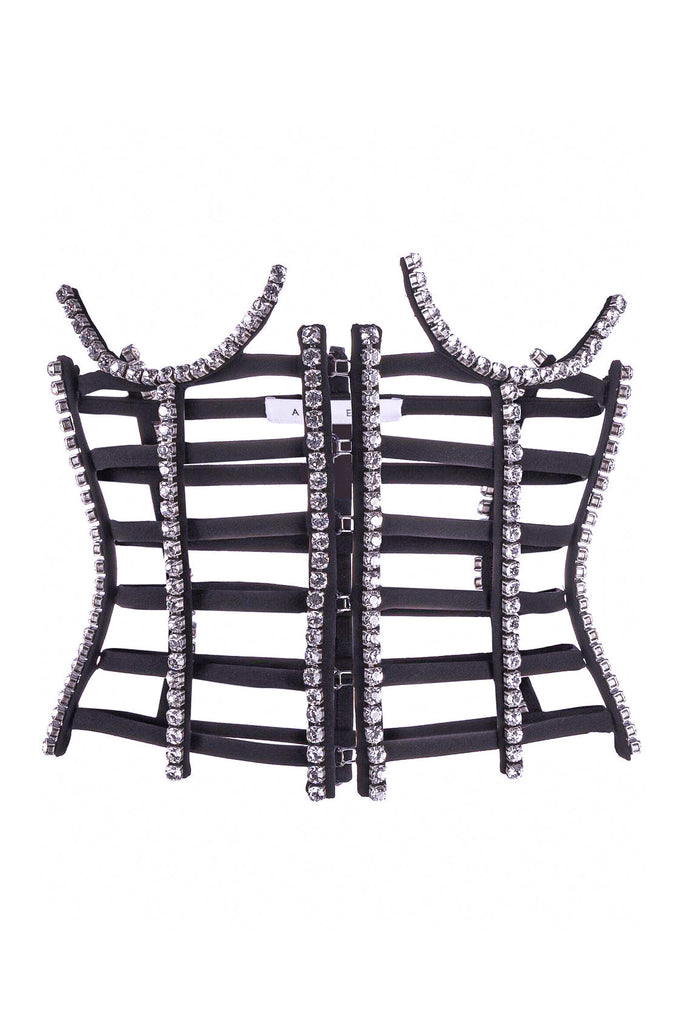 Area NYC Black Elastic Boned Corset Crystal Rhinestone Cup Corset Top