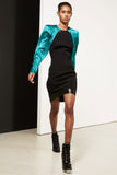 Barbara Bui Blue Green Turquoise Gem Tone Satin Silk Sleeve Black Leather Trim Dress