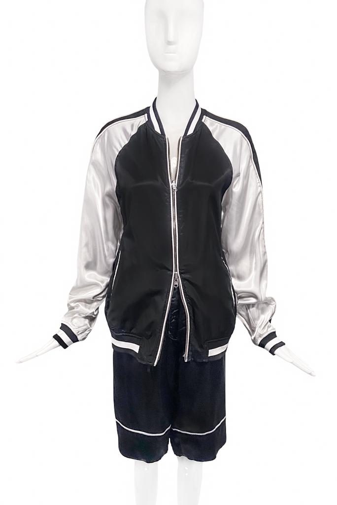 3.1 Philip Lim Black Satin White Piping Sleeve Boxer Shorts Bomber Jacket Ensemble
