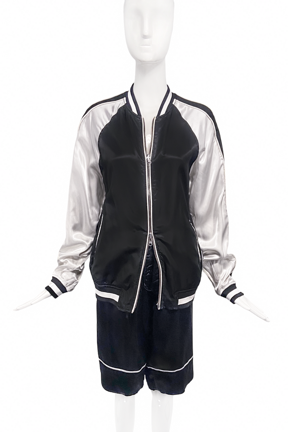 3.1 Philip Lim Black Satin White Piping Sleeve Boxer Shorts Bomber Jacket Ensemble