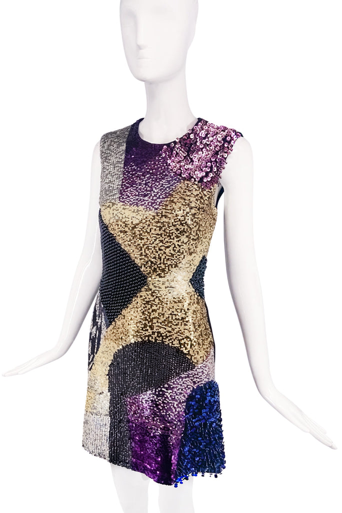 Philip Lim Multi color Gold Lavender Blue Silver Black Sequin Patchwork Dress