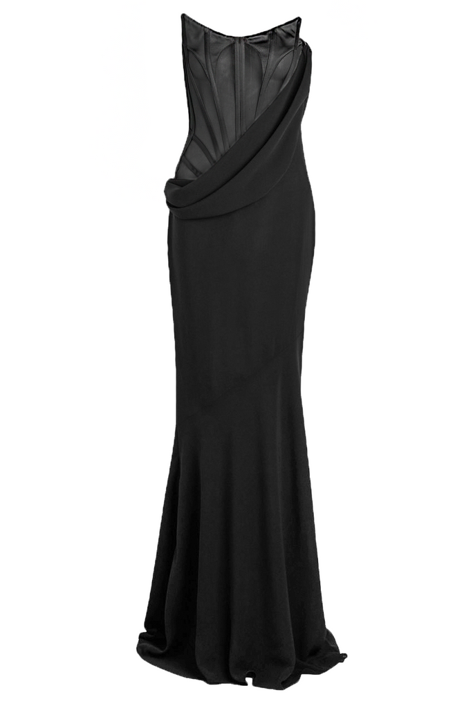 Mugler Black Draped Asymmetric Exposed Boning Corset Dress Gown