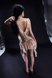 Aniye Records Beige Sequin Ruffle Drop Waist Mini Dress