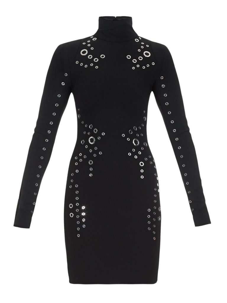 Mugler Black Turtleneck Bodycon Dress with Silver Grommet Details Pre-Fall2015