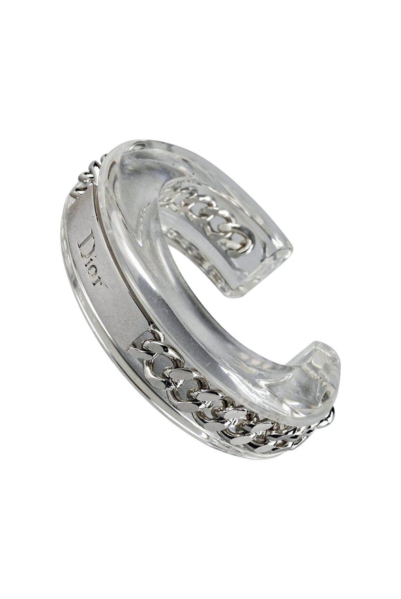 Christian Dior Clear Lucite Cuff Bracelet with Silver Chain Logo Detail FW2004