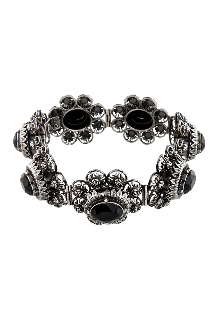 Alexander McQueen Silver Black Crystal Rose Embellished Decal Link Bracelet SS19