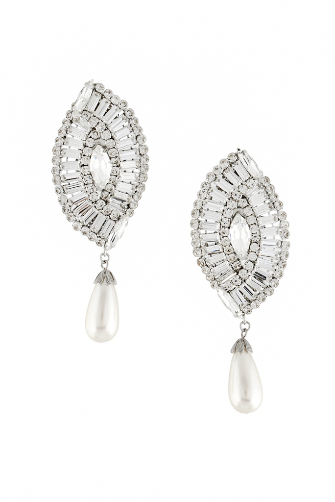 Alessandra Rich Silver Crystal Rhinestone Pearl Drop Earrings