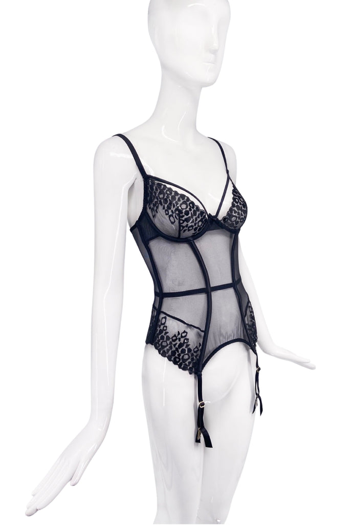 Agent Provocateur Black Sheer Leopard Print Garter Body Suit
