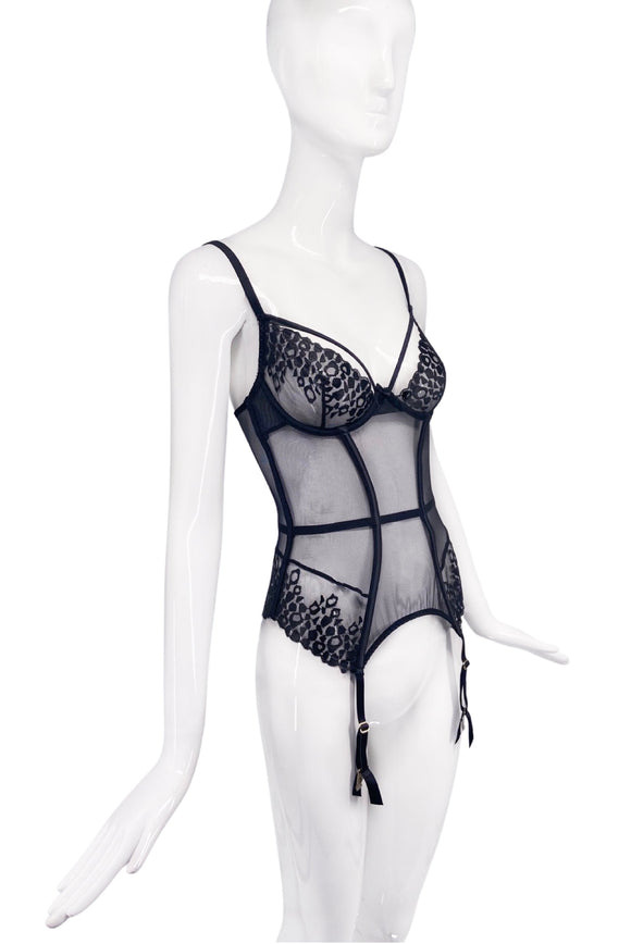 Agent Provocateur Black Sheer Leopard Print Garter Body Suit