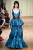 Alberta Ferretti Teal Blue Metallic Tiered Ruffle Gown Dress SS2017
