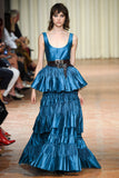 Alberta Ferretti Teal Blue Metallic Tiered Ruffle Gown Dress SS2017
