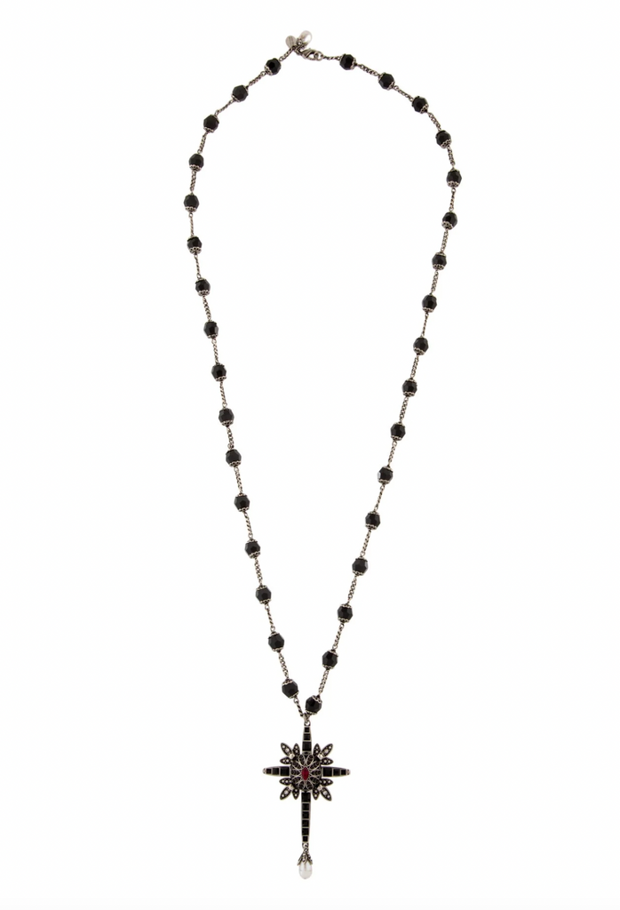 Alexander McQueen Black Bead Rosary Star Prayer Cross Necklace