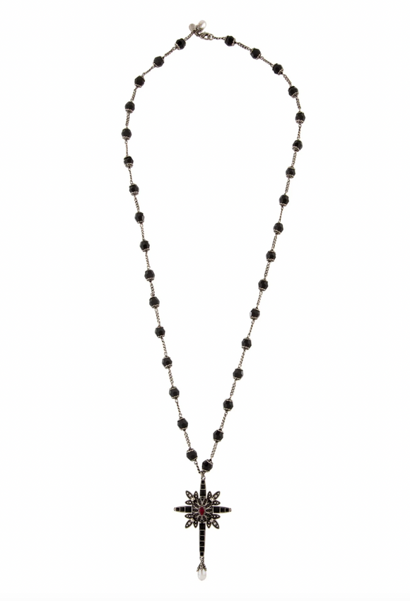 Alexander McQueen Black Bead Rosary Star Prayer Cross Necklace