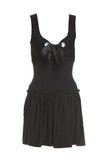 Alexander McQueen Black Velveteen Bustier Fit and Flare "Milk Maid" dress with Silver Grommet and Satin Bow detail