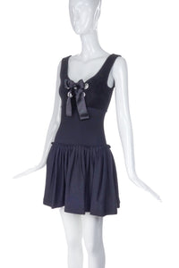Alexander McQueen Black Velveteen Bustier Fit and Flare "Milk Maid" dress with Silver Grommet and Satin Bow detail