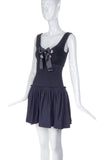 Alexander McQueen Black Velveteen Bustier Fit and Flare "Milk Maid" dress with Silver Grommet and Satin Bow detail