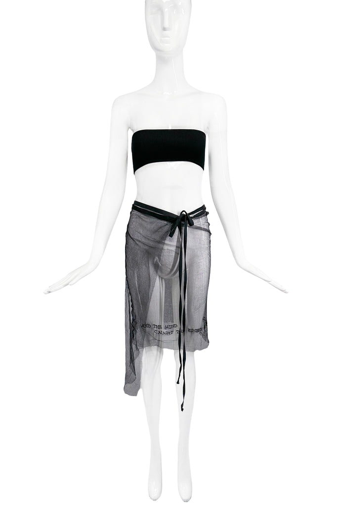 Ann Demeulemeester Black Sheer Net Wrap Skirt with Embroidery "And the wind caught the edge"