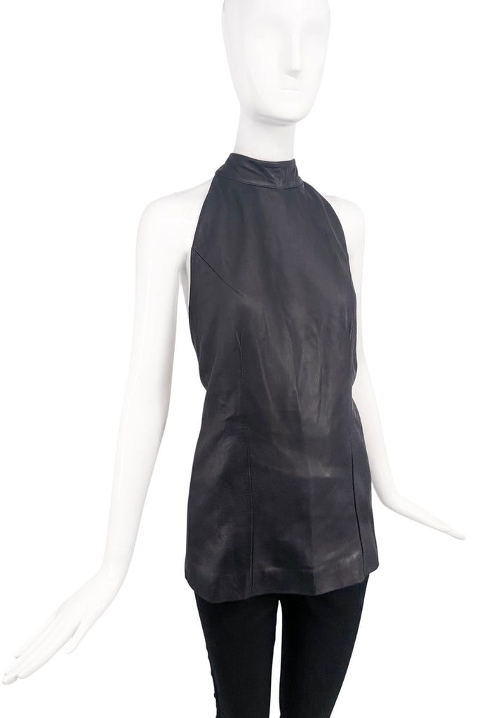 Ann Demeulemeester Black Leather Mock Neck Halter Top with Tie Back