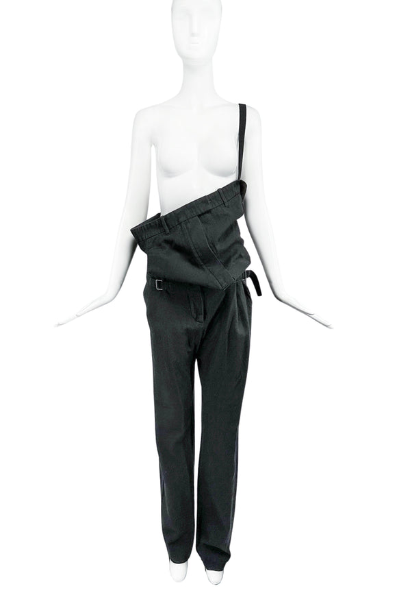 Ann Demeulemeester Black Asymmetric One Strap Overall Jumpsuit Fall 2003 Runway