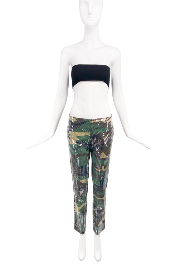 Anna Sui Green Camouflage Pants with sheer sequin overlay