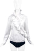 Anne Fontaine White Button-Up Blouse with Asymmetrical Oversize Ruffle Detail