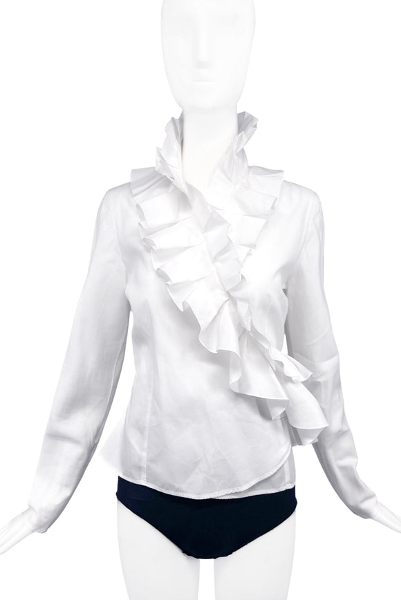Anne Fontaine White Button-Up Blouse with Asymmetrical Oversize Ruffle Detail