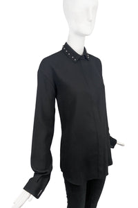 Anthony Vaccarello Black Button-Up Shirt Blouse with Silver Stud Collar