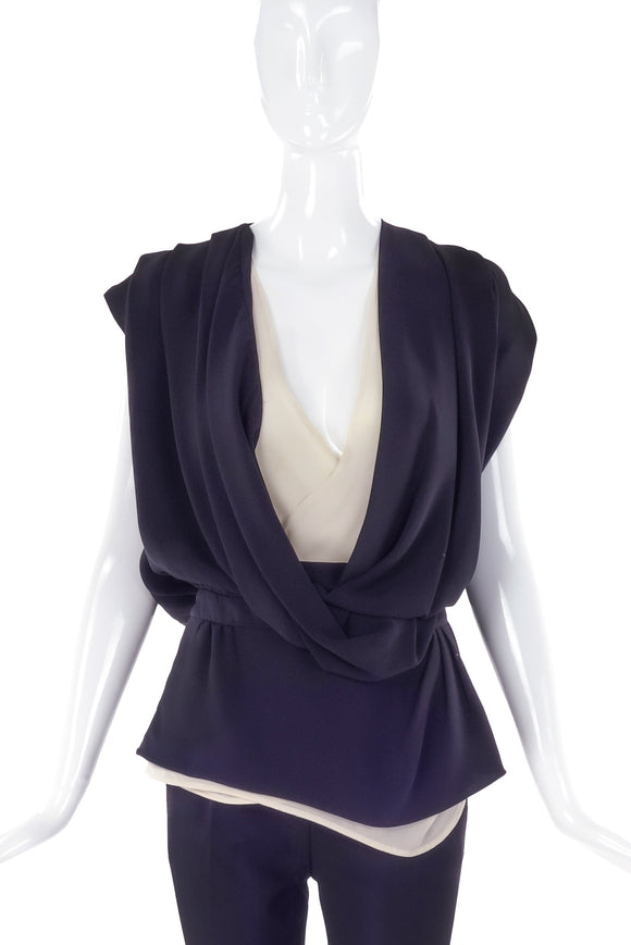 Balenciaga Black Oversize Draped Neckline Blouse with White Camisole