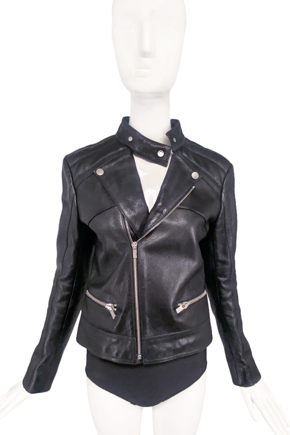 Balenciaga Black Leather Moto Biker Jacket with Neck Strap Detail