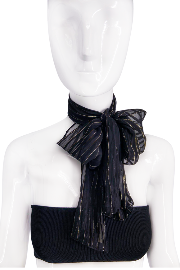 Balenciaga Le Dix Black Sheer Gold Lurex Pin Strip Chiffon Scarf