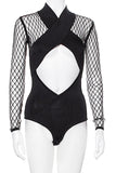Balmain Black Cut-Out Bodysuit with Fishnet Tulle Sleeves SS2016