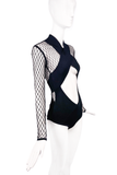 Balmain Black Cut-Out Bodysuit with Fishnet Tulle Sleeves SS2016
