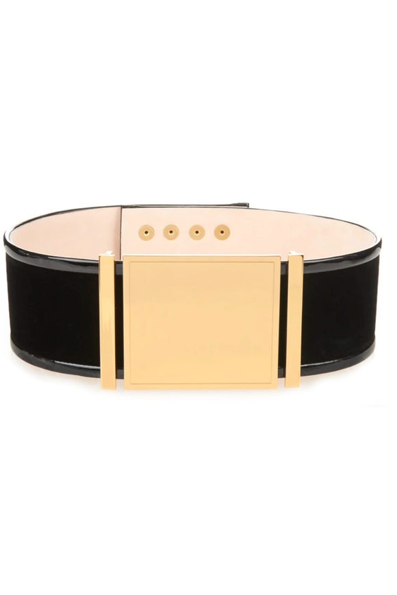 Balmain Black Velvet Patent Leather Trim Gold Buckle Wrestling Corset Belt Runway Fall 2015