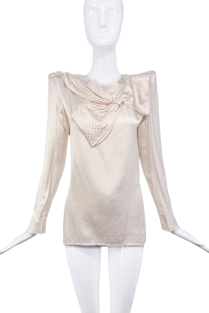 Balmain Cream Satin Sparkle Bow Long Sleeve Top