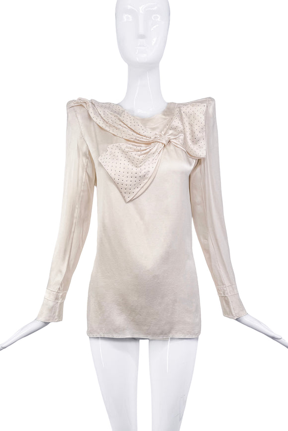 Balmain Cream Satin Sparkle Bow Long Sleeve Top