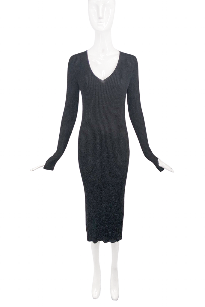 Vintage Black Knit Ribbed V Neck Long Sleeve Maxi Dress