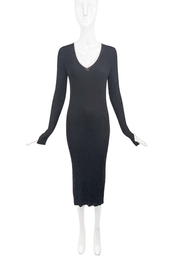 Vintage Black Knit Ribbed V Neck Long Sleeve Maxi Dress