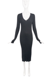 Vintage Black Knit Ribbed V Neck Long Sleeve Maxi Dress