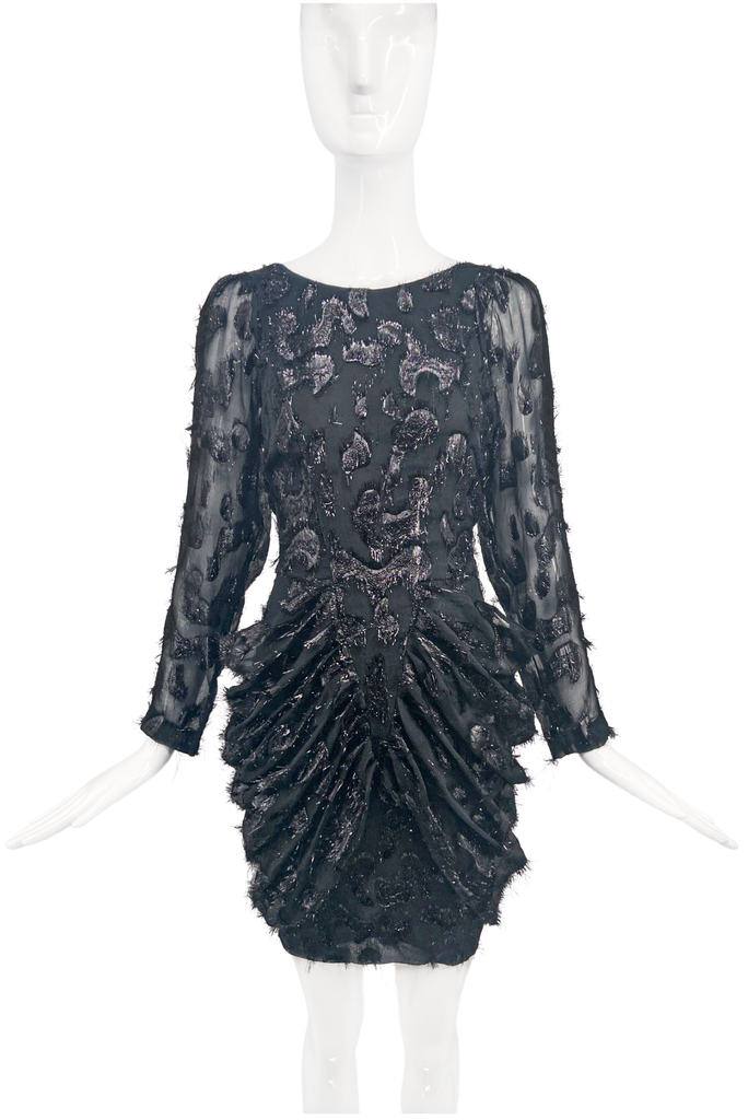 Vintage Black Lurex Leopard Dynasty Ruched Cocktail Dress