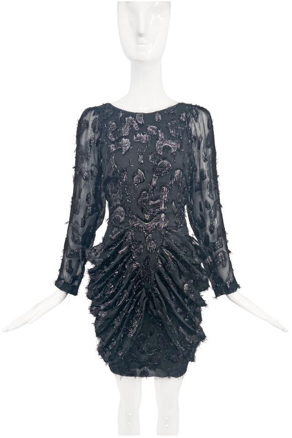 Vintage Black Lurex Leopard Dynasty Ruched Cocktail Dress