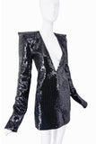 Saint Laurent Black Sequin Crystal Shoulder Deep V Cut Out Dress