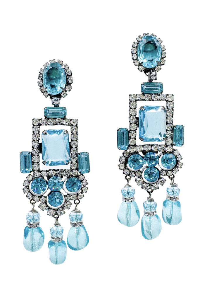 Vintage Blue Crystal & Clear Pavé Chandelier Earrings
