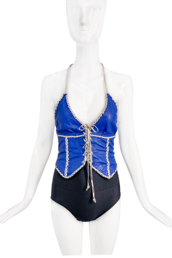Vintage Blue Leather Exposed Silver Lacing / Stitching Corset Halterneck Top